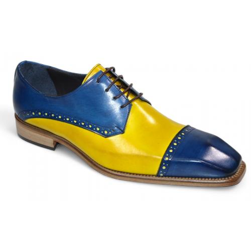 Duca Di Matiste "Lombardi" Ocean Blue/Yellow Genuine Italian Calf Leather Lace-Up Dress Shoes.